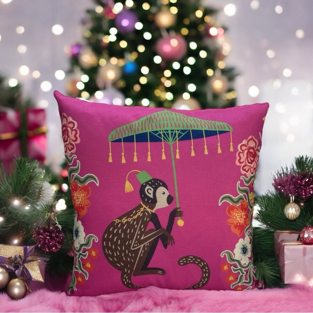 Monkey Pillow Cover Pink or Green Vintage Style Chinoiserie